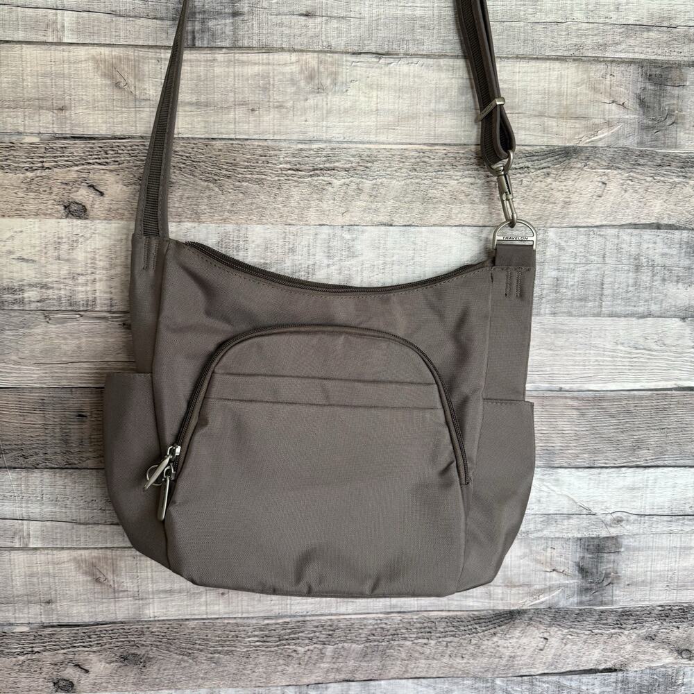 Travelon Anti-theft Classic Crossbody Bucket Bag Locking Zippers Nutmeg